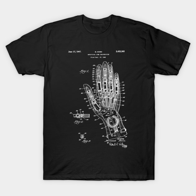 Artificial hand 1947 Patent , Prosthetic hand Patent Artificial hand, Prosthetics Office Wall Art Print, Doctors Patent Illustration T-Shirt by Anodyle